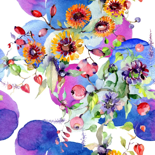 Strauß mit Blumen und Beeren. Blütenbotanische Blume. wildes Frühlingsblatt Wildblume isoliert. Aquarell Hintergrundillustration Set. Aquarell Zeichnung Mode Aquarell isoliert. — Stockfoto