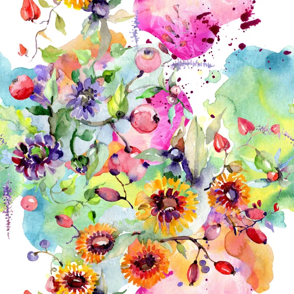 Ramo con flores y bayas. Flor botánica floral. Flor silvestre de hoja de primavera aislada. Conjunto de ilustración de fondo acuarela. Acuarela dibujo moda aquarelle aislado . - foto de stock