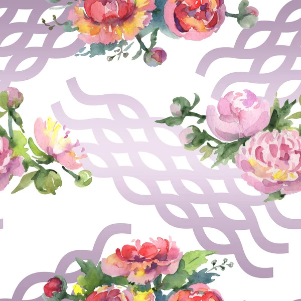 Peonies with green leaves on white background. Watercolor illustration set. Seamless background pattern. — Stock Photo