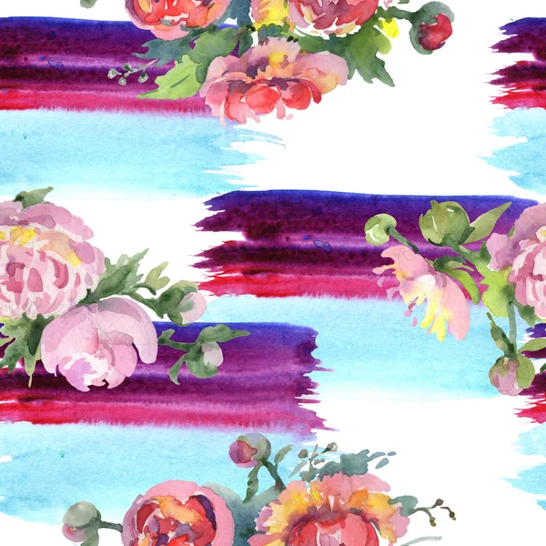 Peonies with green leaves on white background. Watercolor illustration set. Seamless background pattern. — Stock Photo