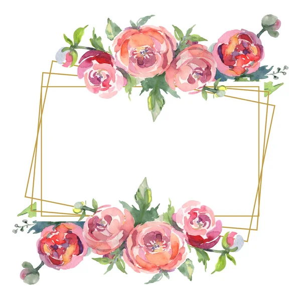 Pivoines avec des feuilles vertes isolées sur blanc. Ensemble d'illustration de fond aquarelle. Ornement de cadre avec espace de copie . — Photo de stock