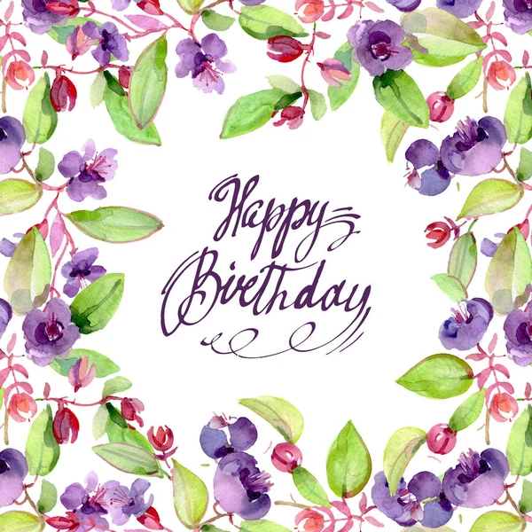 Wildflowers with green leaves isolated on white. Watercolor background illustration elements. Frame with Happy birthday lettering. — Stock Photo