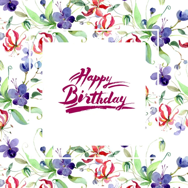Wildblumen mit grünen Blättern isoliert auf weiß. Aquarell Hintergrundillustrationselemente. Rahmen mit Happy Birthday Schriftzug. — Stockfoto