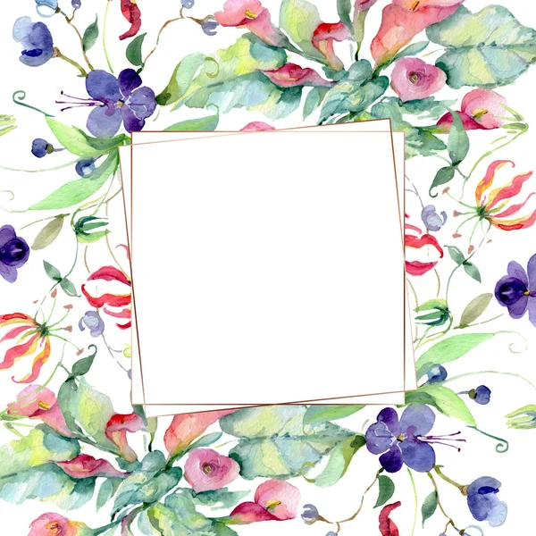 Fleurs avec des feuilles vertes isolées sur blanc. Aquarelle éléments d'illustration de fond. Cadre avec espace de copie . — Photo de stock