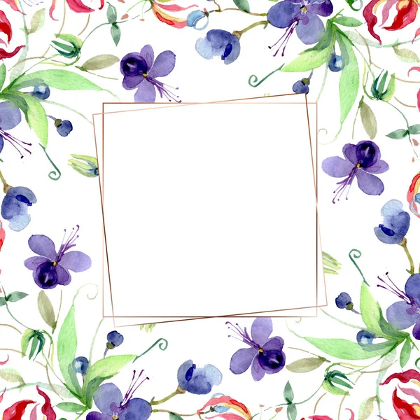 Fiori con foglie verdi isolate su bianco. Acquerello elementi illustrazione sfondo. Telaio con spazio di copia . — Foto stock