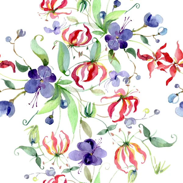 Wildflowers with green leaves. Watercolor background illustration set. Seamless background pattern. — Stock Photo