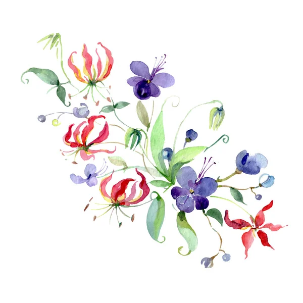 Bouquet de fleurs violettes aux feuilles vertes isolées sur blanc. Aquarelle fond éléments d'illustration . — Photo de stock