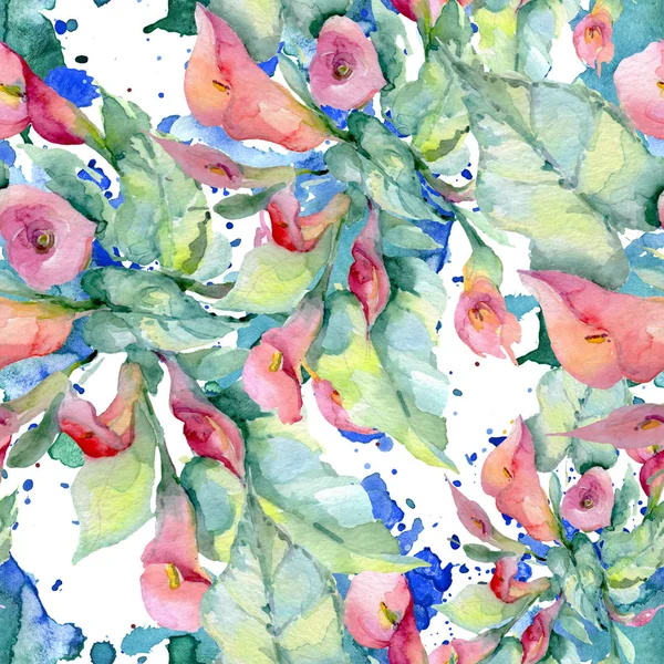 Fleurs sauvages aux feuilles vertes. Ensemble d'illustration de fond aquarelle. Modèle de fond sans couture . — Photo de stock