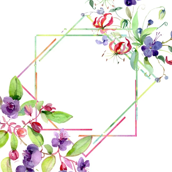 Blüten mit grünen Blättern isoliert auf weiß. Aquarell Hintergrundillustrationselemente. Rahmen mit Kopierraum. — Stockfoto