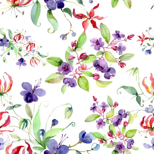 Wildflowers with green leaves. Watercolor background illustration set. Seamless background pattern. — Stock Photo