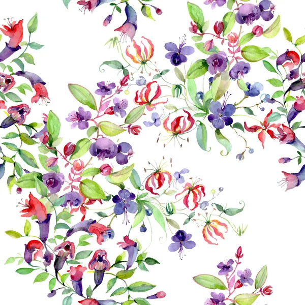 Wildflowers with green leaves. Watercolor background illustration set. Seamless background pattern. — Stock Photo