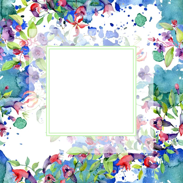 Fiori con foglie verdi isolate su bianco. Acquerello elementi illustrazione sfondo. Telaio con spazio di copia . — Foto stock