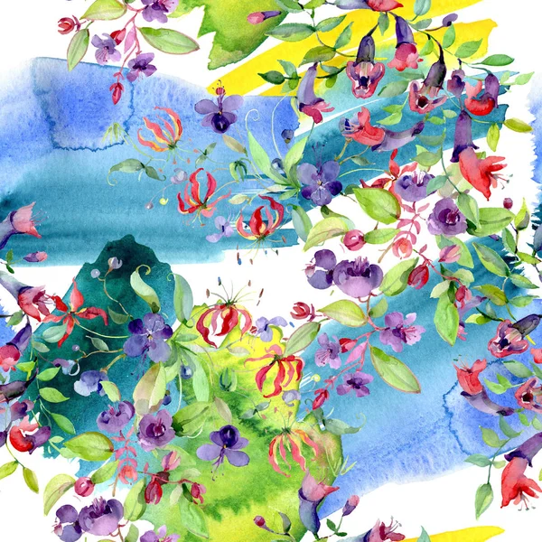 Flores silvestres com folhas verdes. Conjunto de ilustração de fundo aquarela. Padrão de fundo sem costura . — Fotografia de Stock