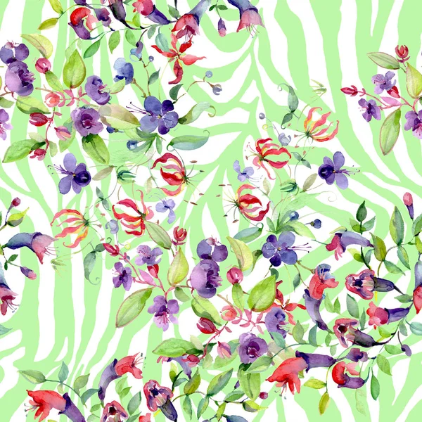 Wildblumen mit grünen Blättern. Aquarell Hintergrundillustration Set. nahtloses Hintergrundmuster. — Stockfoto