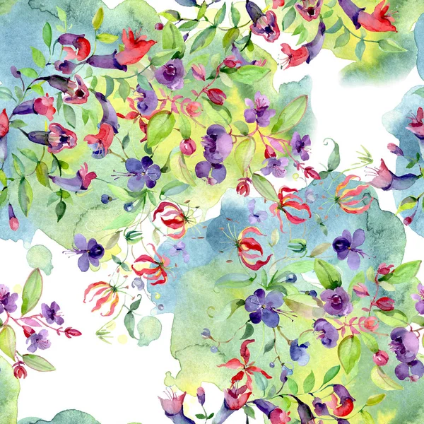 Flores silvestres con hojas verdes. Conjunto de ilustración de fondo acuarela. Patrón de fondo sin costuras . - foto de stock