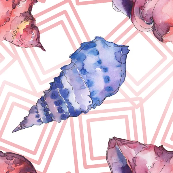 Blue and purple marine tropical seashells isolated on white. Watercolor background illustration set. Seamless background pattern. — Stock Photo