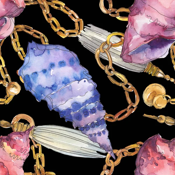 Blaue und lila marine tropische Muscheln mit goldenen Ketten isoliert auf schwarz. Aquarell Hintergrundillustration Set. nahtloses Hintergrundmuster. — Stockfoto