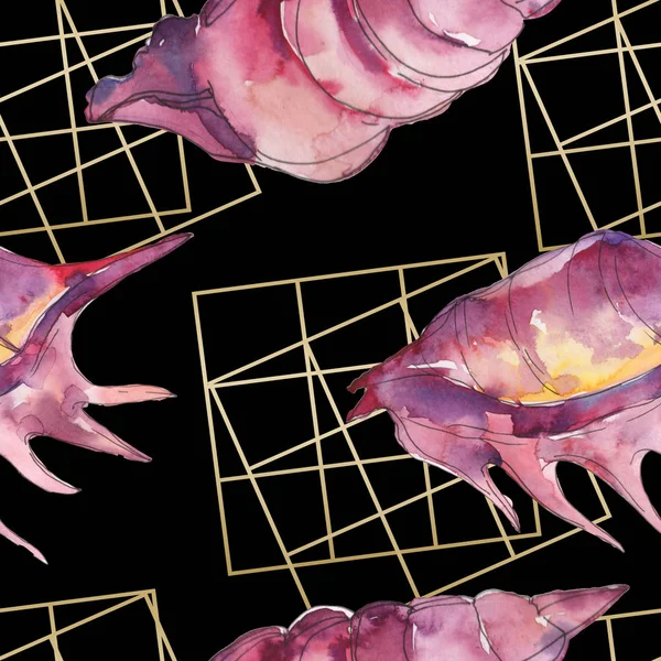 Conchiglie tropicali marine viola con cubi dorati isolati su nero. Acquerello sfondo illustrazione set. Modello di sfondo senza soluzione di continuità . — Foto stock