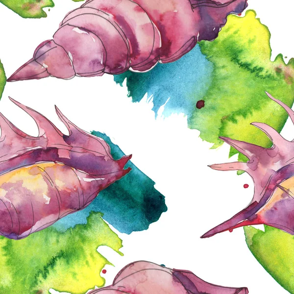 Conchas tropicais marinhas roxas com derramamentos de tinta verde e azul isoladas em branco. Conjunto de ilustração de fundo aquarela. Padrão de fundo sem costura . — Fotografia de Stock