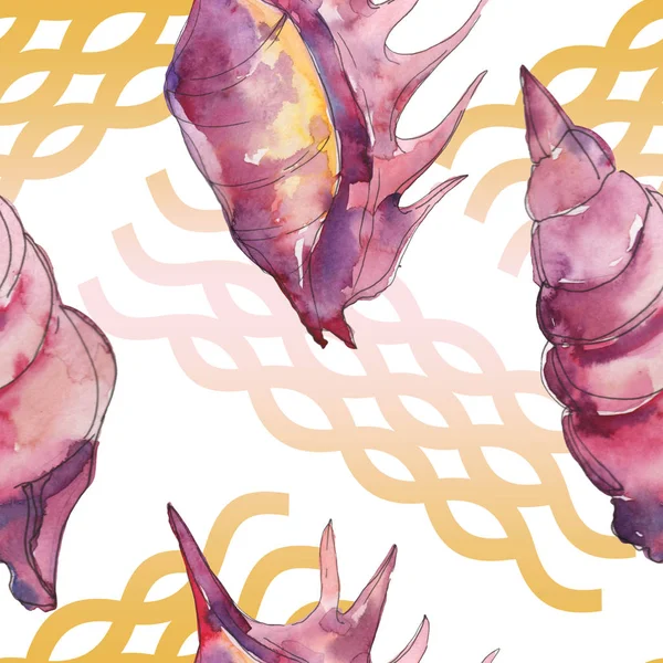 Coquillages marins tropicaux violets isolés sur blanc. Ensemble d'illustration de fond aquarelle. Modèle de fond sans couture . — Photo de stock