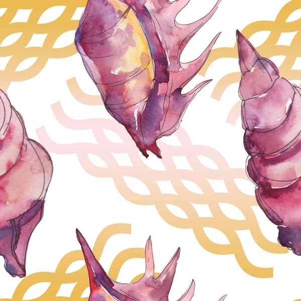 Purple marine tropical seashells isolated on white. Watercolor background illustration set. Seamless background pattern. — Stock Photo