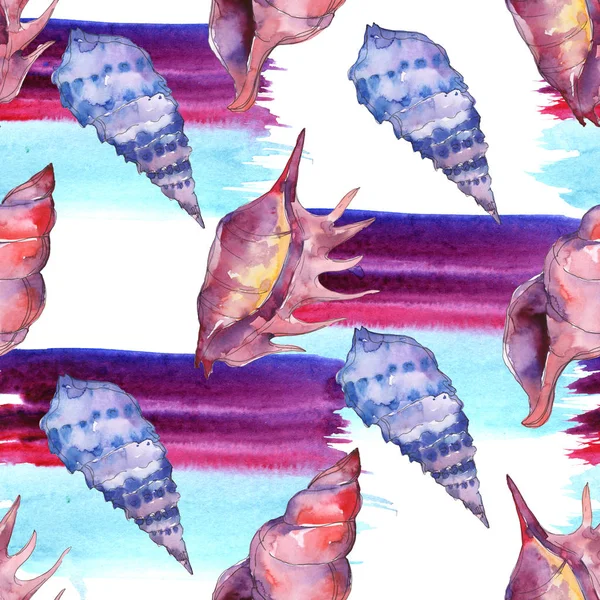 Blue and purple marine tropical seashells with brushstrokes isolated on white. Watercolor background illustration set. Seamless background pattern. — Stock Photo