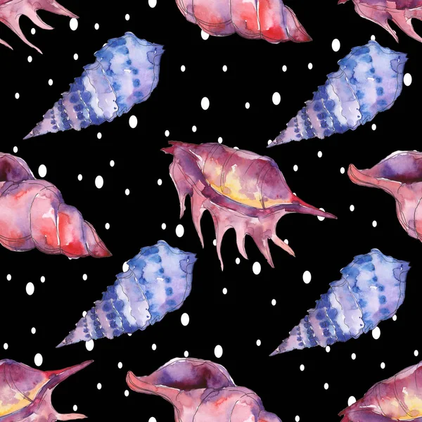 Blue and purple marine tropical seashells on black and white polka dot background. Watercolor background illustration set. Seamless background pattern. — Stock Photo