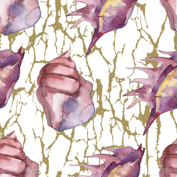 Purple marine tropical seashells on white textured background. Watercolor background illustration set. Seamless background pattern. — Stock Photo