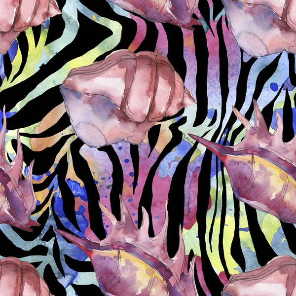 Lila marine tropische Muscheln auf Zebra-Print-Hintergrund. Aquarell Hintergrundillustration Set. nahtloses Hintergrundmuster. — Stockfoto