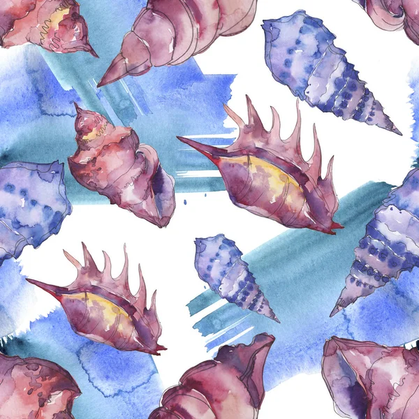 Blue and purple marine tropical seashells and brushstrokes isolated on white. Watercolor background illustration set. Seamless background pattern. — Stock Photo