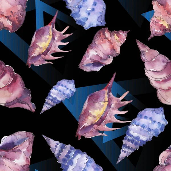 Púrpura y azul marino conchas marinas tropicales en negro. Conjunto de ilustración de fondo acuarela. Patrón de fondo sin costuras . - foto de stock