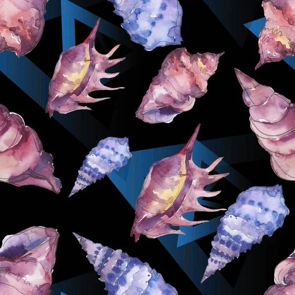 Purple and blue marine tropical seashells on black. Watercolor background illustration set. Seamless background pattern. — Stock Photo