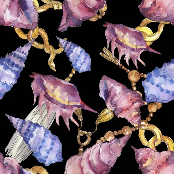 Purple and blue marine tropical seashells with chains isolated on black. Watercolor background illustration set. Seamless background pattern. — Stock Photo