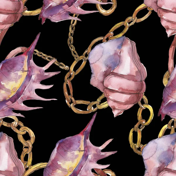 Purple marine tropical seashells with chains isolated on black. Watercolor background illustration set. Seamless background pattern. — Stock Photo
