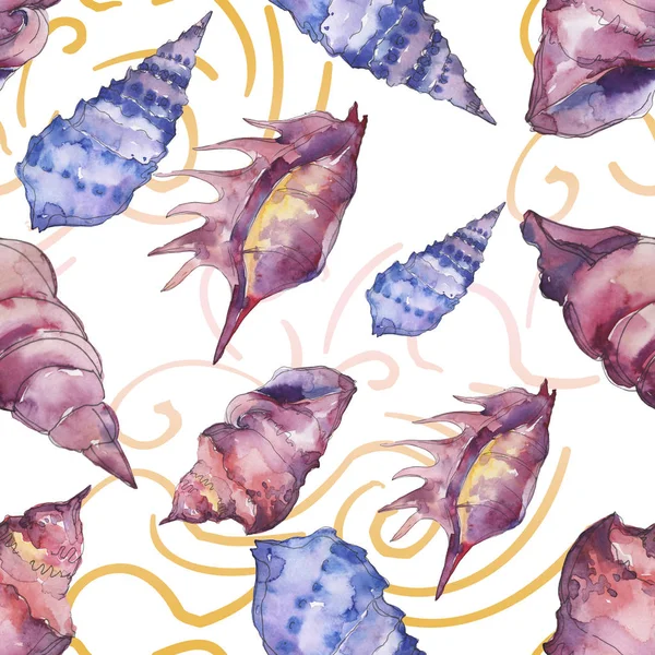 Blue and purple marine tropical seashells. Watercolor background illustration set. Seamless background pattern. — Stock Photo