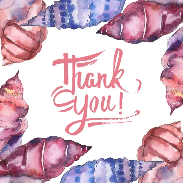 Coquillages tropicaux marins bleus et violets isolés sur blanc. Cadre d'illustration aquarelle avec lettrage de remerciement . — Photo de stock