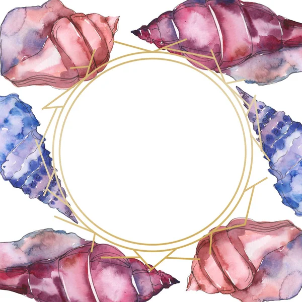 Coquillages tropicaux marins bleus et violets isolés sur blanc. Cadre d'illustration aquarelle avec espace de copie . — Photo de stock