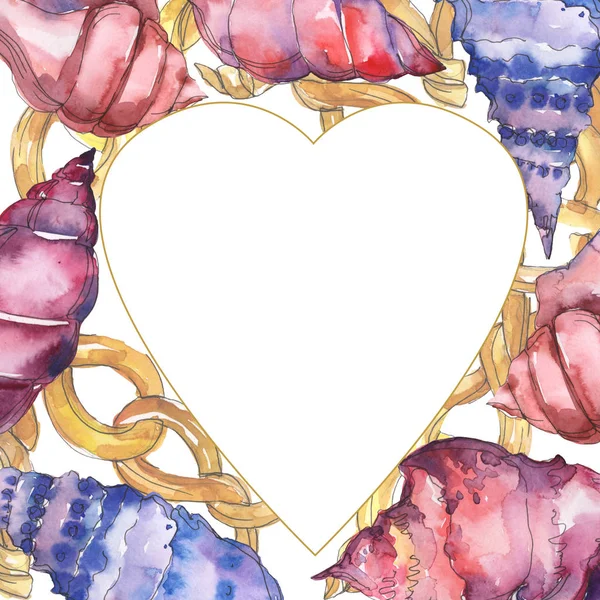 Blue and purple marine tropical seashells isolated on white. Watercolor illustration heart frame with copy space. — Stock Photo
