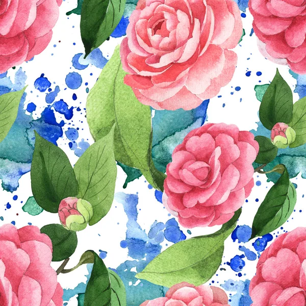Pink camellia flowers with green leaves on background with watercolor paint spills. Watercolor illustration set. Seamless background pattern. — Stock Photo