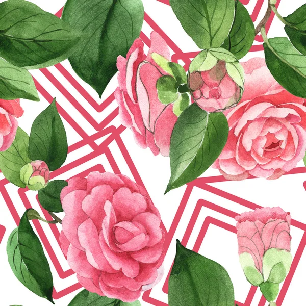 Рожеві квіти камелії з зеленим листям. Набір акварельних ілюстрацій. Безшовний візерунок тла . — стокове фото