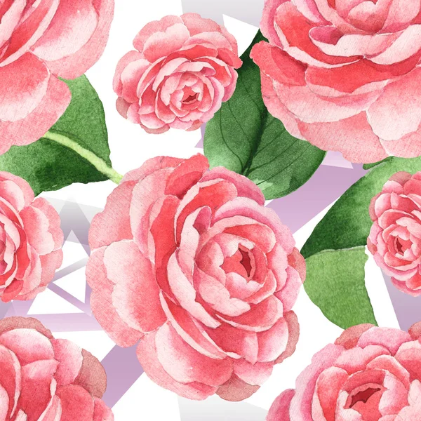 Pink camellia flowers with green leaves. Watercolor illustration set. Seamless background pattern. — Stock Photo