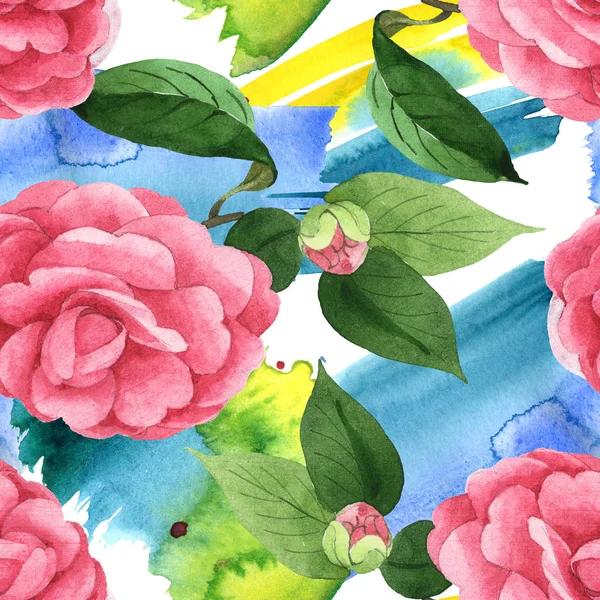 Fiori di camelia rosa con foglie verdi su sfondo con pennellate di vernice ad acquerello. Set illustrazione acquerello. Modello di sfondo senza soluzione di continuità . — Foto stock