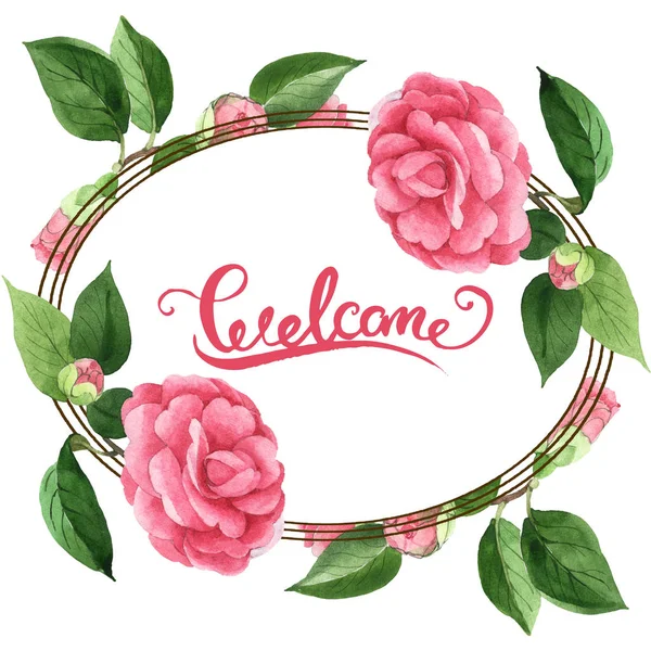 Pink camellia flowers with green leaves isolated on white. Watercolor background illustration set. Frame with welcome lettering. — Stock Photo