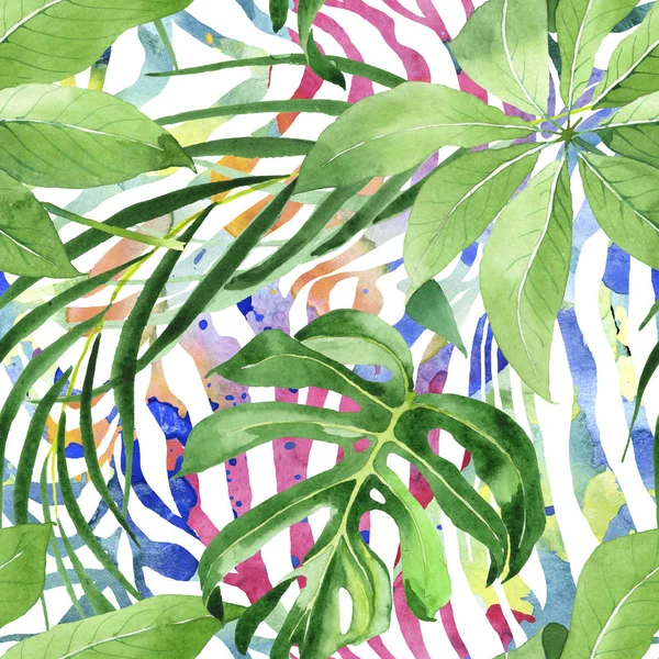 Feuilles exotiques de palmier vert hawaïen tropical. Ensemble de fond aquarelle. Modèle de fond sans couture . — Photo de stock