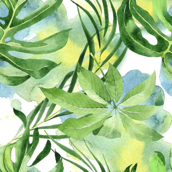 Exotic tropical hawaiian green palm leaves. Watercolor background set. Seamless background pattern. — Stock Photo