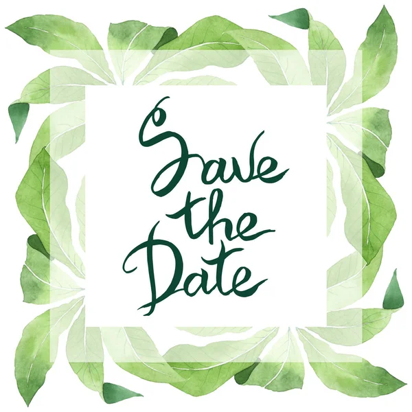 Exotic tropical hawaiian green palm leaves isolated on white. Watercolor background set. Frame with save the date lettering. — Stock Photo