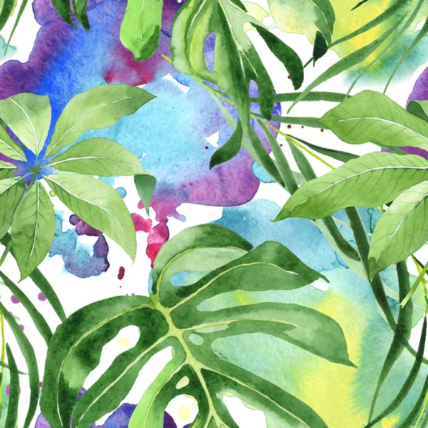 Foglie esotiche di palma verde tropicale hawaiano. Set sfondo acquerello. Modello di sfondo senza soluzione di continuità . — Foto stock