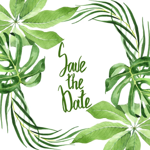 Exotic tropical hawaiian green palm leaves isolated on white. Watercolor background set. Frame with save the date lettering. — Stock Photo