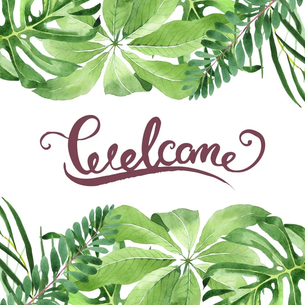 Exotic tropical hawaiian green palm leaves isolated on white. Watercolor background set. Frame with welcome lettering. — Stock Photo
