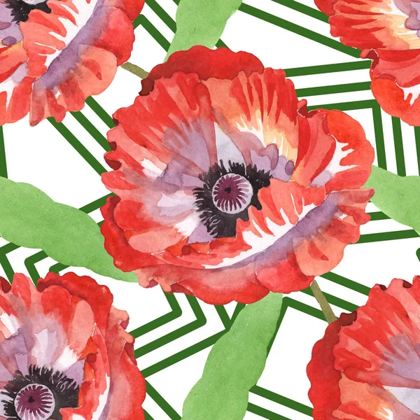 Ensemble d'illustration aquarelle de coquelicots rouges. Modèle de fond sans couture . — Photo de stock